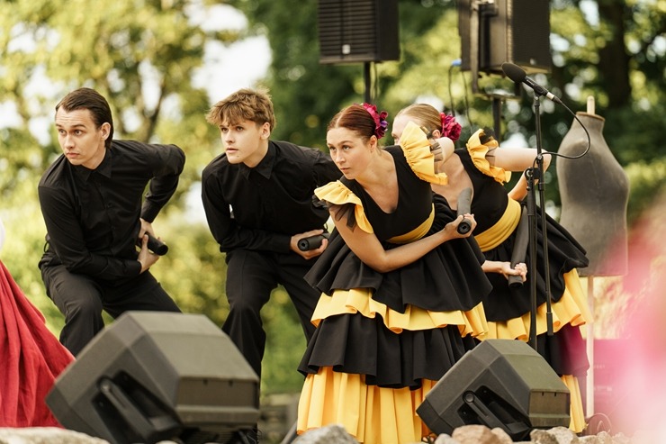 Skatām brīvdabas izrādi «Skroderdienas Silmačos» Siguldas pilsdrupu estrādē. Foto: Zane Magone 394720