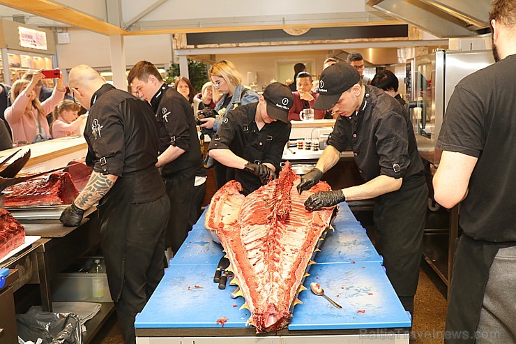 Skatītāju priekšā «Centrālais Gastro Tirgus» tiek sadalīts 208kg smags un 6.000 eiro vērts tuncis Skatītāju priekšā «Centrālais Gastro Tirgus» tiek sadalīts 208kg smags un 6.000 eiro vērts tuncis 250637